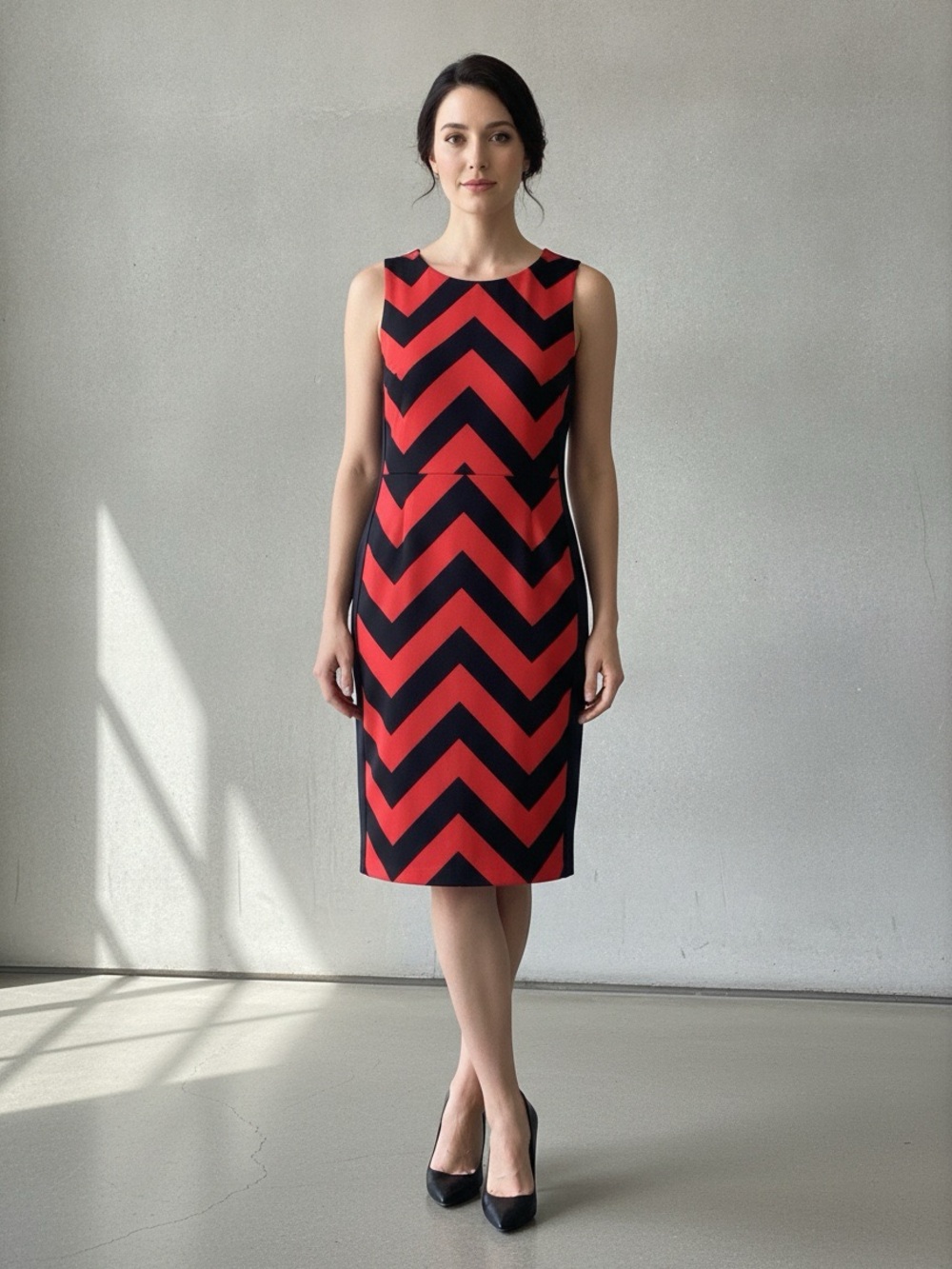 NWOT RAMY BROOK Sleeveless Red & Black Chevron Pattern Midi Dress
Size Large